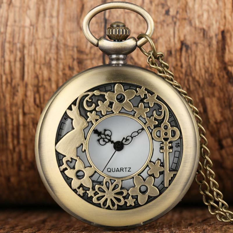 Часы наручные в античном стиле, кварцевые бронзовые с ажурным рисунком кролика, ключей, цветов, для мужчин и женщин, с арабскими цифрами, с цепочкой на свитер, подарок