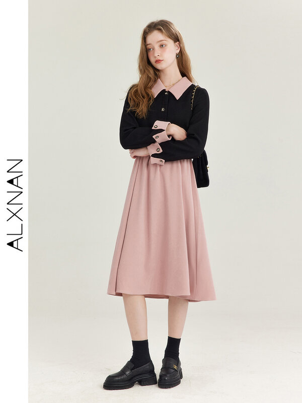 ALXNAN francuski styl mała pachnąca sukienka dla kobiet 2024 temperamentem sztuczna dwuczęściowa Midi sukienka Midi strój biurowy damski T01013