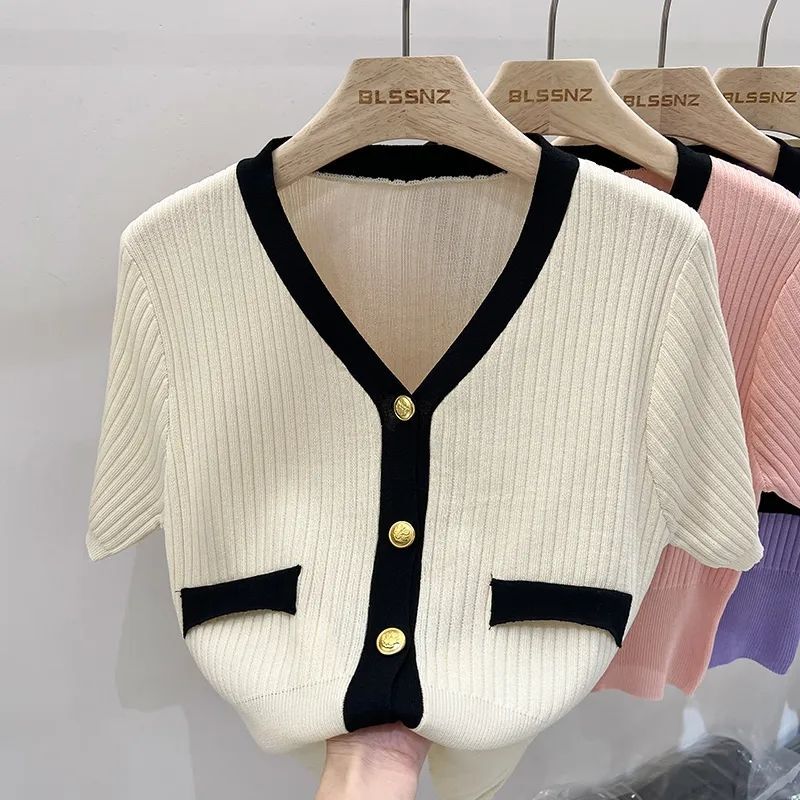 韓国の女性用半袖ニットシャツ,Vネックボタン,ルーズカジュアルトップス,オフィスブラウス,婦人服,新しいファッション,2024