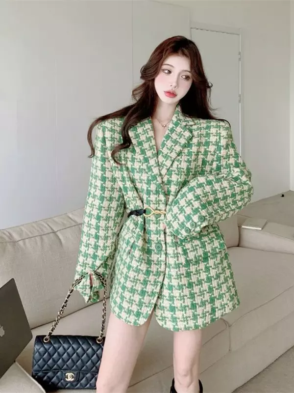 Insozkdg-女性用ロングチェッカーコート,ヴィンテージスタイルのブレザー,韓国のシックなジャケット,レトロなコート,春秋ファッション