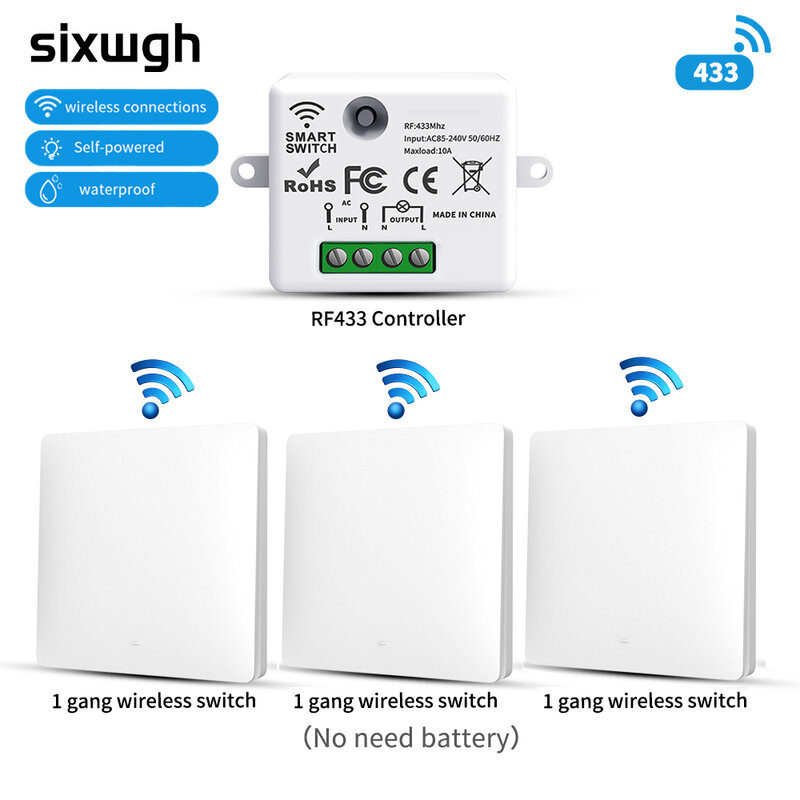 SIXWGH-interruptor de luz inalámbrico para el hogar, interruptor de pared de 433mhz con control remoto automático