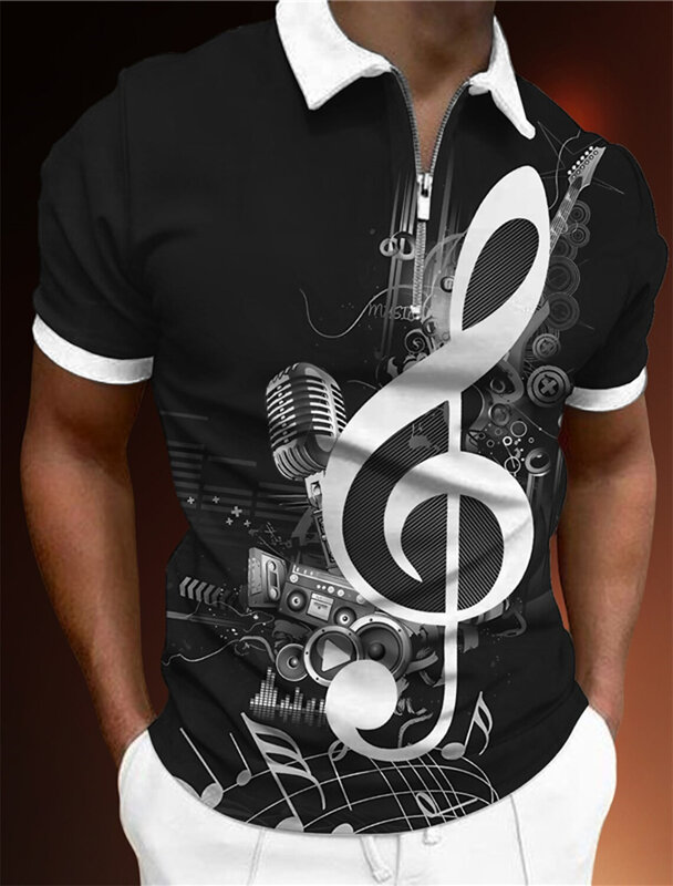 T-Shirt à Manches Courtes avec Fermeture Éclair pour Homme, Polo avec Imprimé Graphique, Notes de Musique Légères, Mode Décontractée