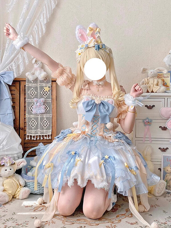 Japoński styl Słodka miękka dziewczyna Lolita Żółto-niebieska sukienka JSK Ślubna śliczna ciężka spódnica robocza