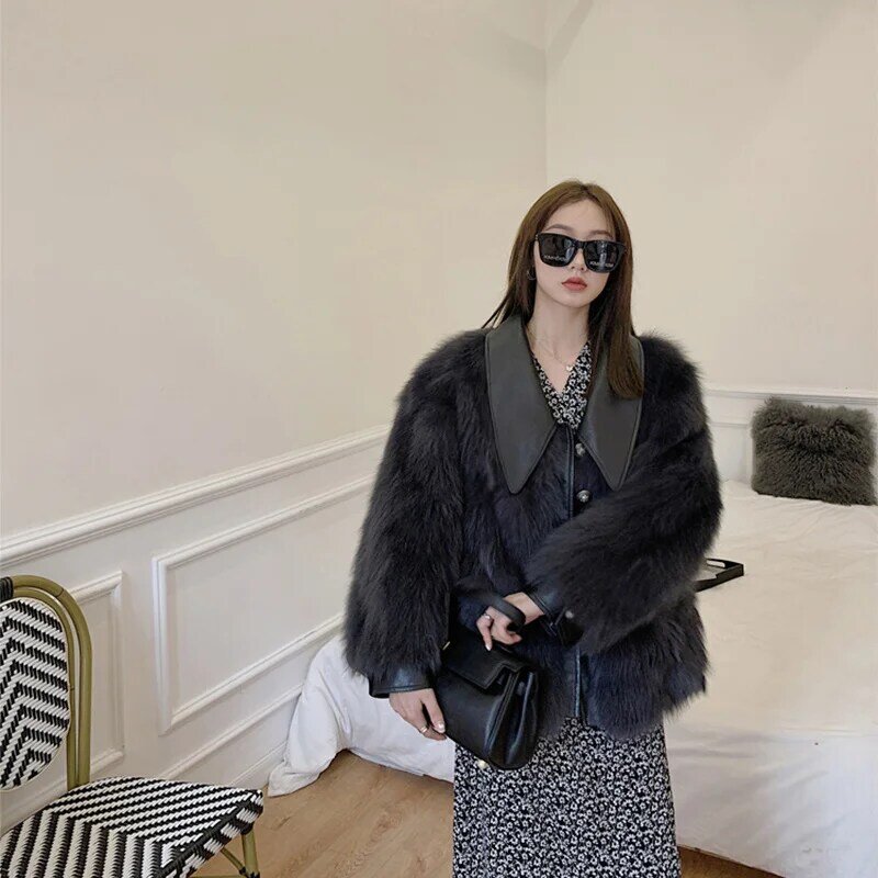 여우 모피 코트 짧은 캐주얼 두꺼운 양피 옷깃 솔리드 컬러 겉옷 싱글 브레스트 진품 모피 재킷 여성용, 겨울