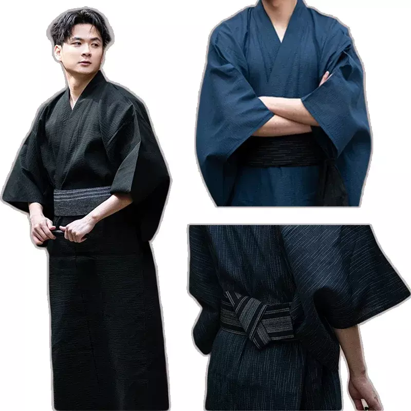 Kimono da Samurai tradizionale giapponese per uomo Yukata accappatoio Hekoobi stile sciolto abbigliamento da Sauna cintura per la casa abito lungo in cotone