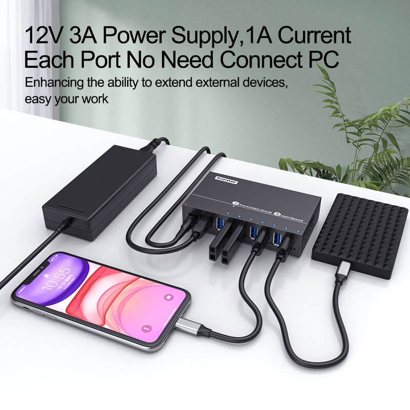 産業用USB充電ハブ,v3,12V,3a,LEDインジケーター付きアルミニウムアダプター,7ポート,3.0