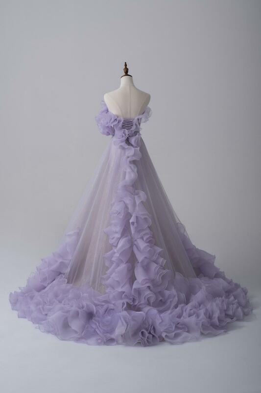 Nowa linia suknie wieczorowe fioletowe przedsionki bez ramiączek bez rękawów ręcznie 3D kwiaty warstwowe tiulowe długie suknie na imprezę z falbanami