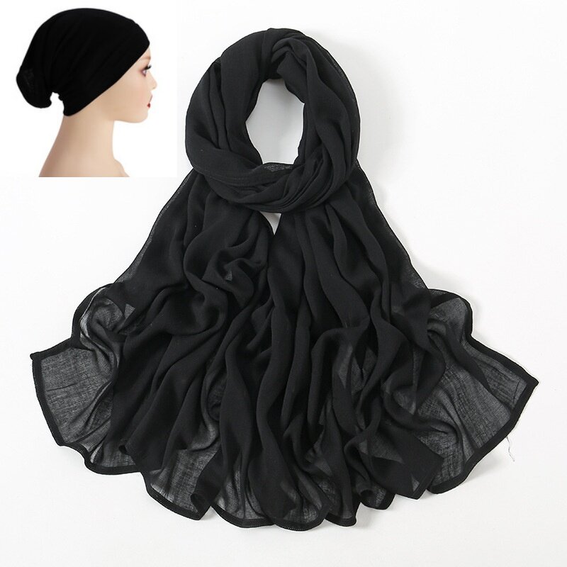 여성용 히잡 및 튜브 언더캡 콤비네이션 비스코스 무슬림 스카프, 단색 자외선 차단 숄 및 베이스 캡, 터번테 2 개 세트