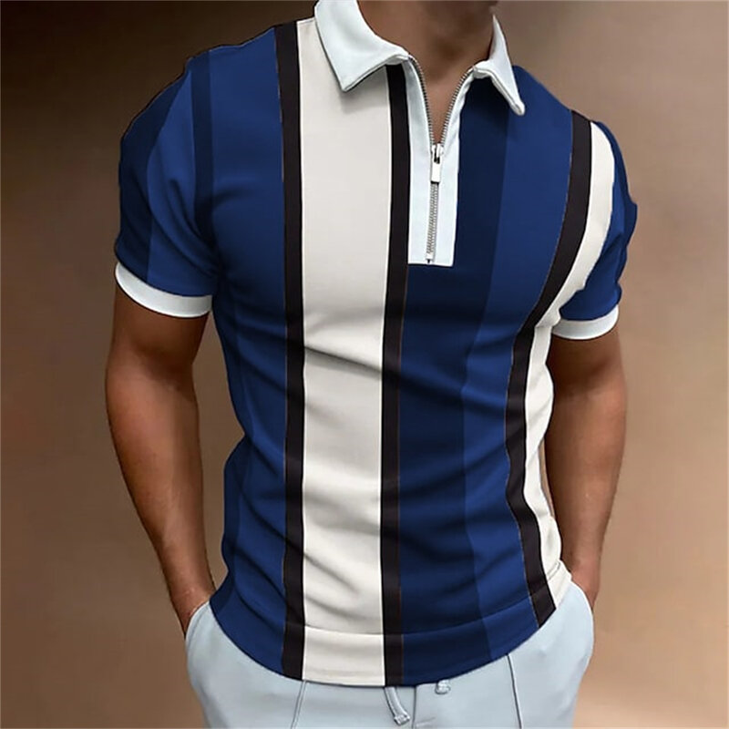 2023 قميص بولو للرجال الصيف الرجال بلايز اليومية قصيرة الأكمام مخطط جولف عادي ملابس الرجال القمصان بدوره إلى أسفل طوق سحابات المحملة