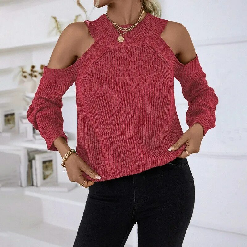 2024 Autumn/Winter Women's Sexy Off Shoulder Round Neck Pullover Loose Casual Long Sleeved Sweater Y2K Top Street Wear YSQ51