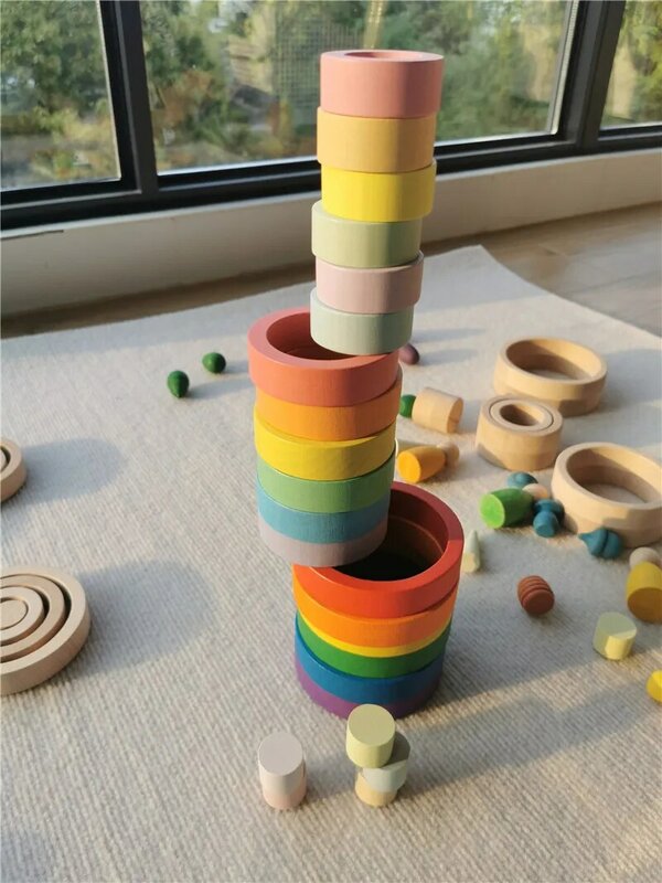 Anneaux de accent en bois arc-en-ciel pour enfants, blocs d'empilage en hêtre non peints, pièces créatives, jouets Montessori