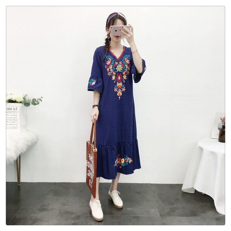 Vintage Tribal Ethnic Style Heavy Embroidery Dress V-neck Flared Sleeve Five-quarter Sleeve Loose Fit Comfortable and Breathable