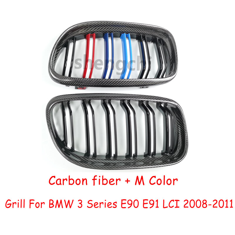 Gloss M Color Front Bumper Kidney Grill para BMW Série 3, E90, E91, 318i, 320i, 330i, 335i, 2008-2011, Fibra de carbono LCI