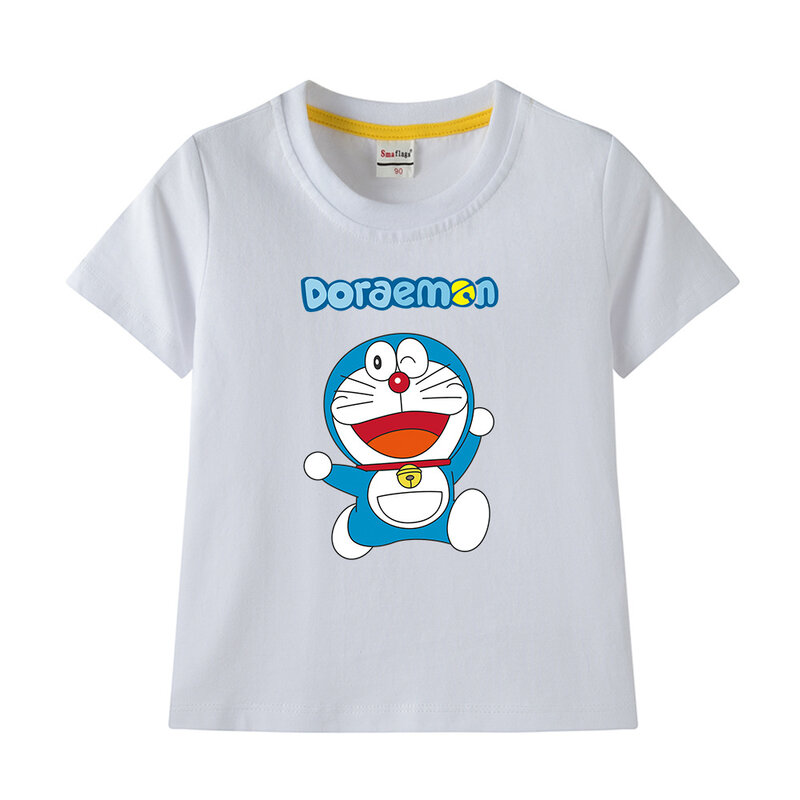 Doraemon-T-shirt à manches courtes pour enfants, vêtements pour enfants, imprimé dessin animé, loisirs d'été, col rond, pur coton, Kawaii, filles, Y