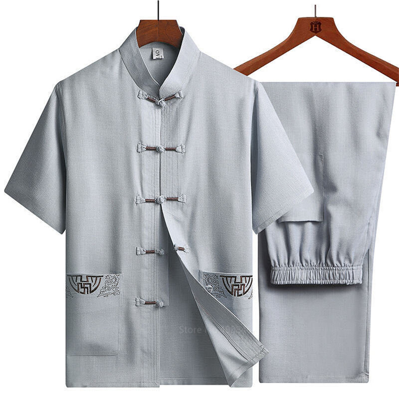 Conjunto de ropa tradicional china para hombres adultos, uniformes de Tai Chi y Kung Fu, bordado de lino de manga corta, disfraces chinos Casuales