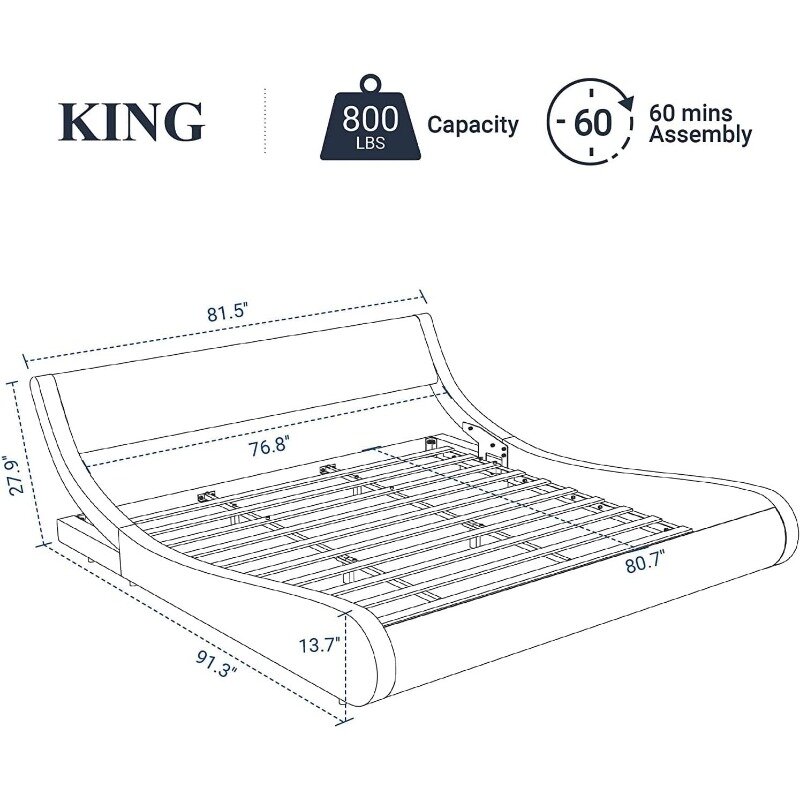 Perfil trenó cama com couro sintético, cabeceira ergonômica, suporte de madeira ripa, preto lustroso, montagem fácil, sem caixa primavera necessária
