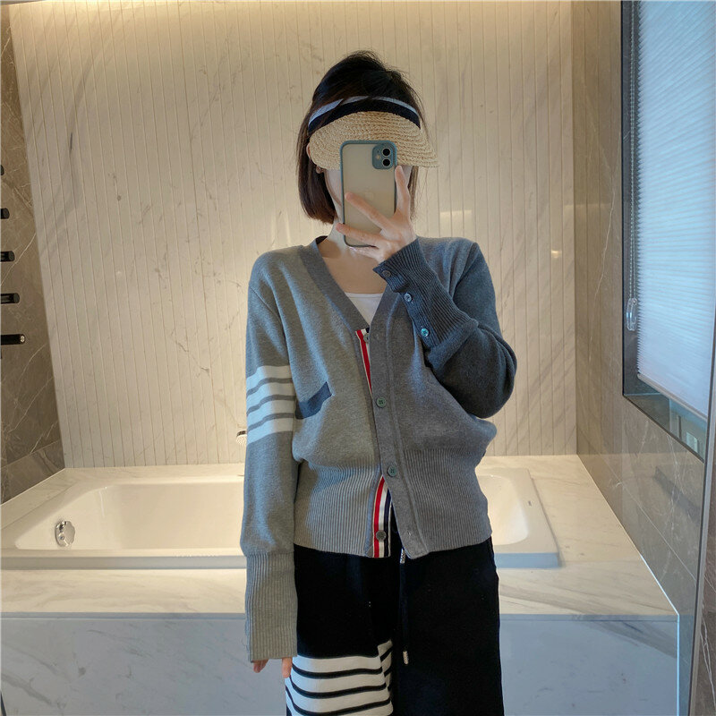 High-quality TB Colorblock Sweater Cardigan Coat Women's Spring All-match V-neck Knitted Stitching Top