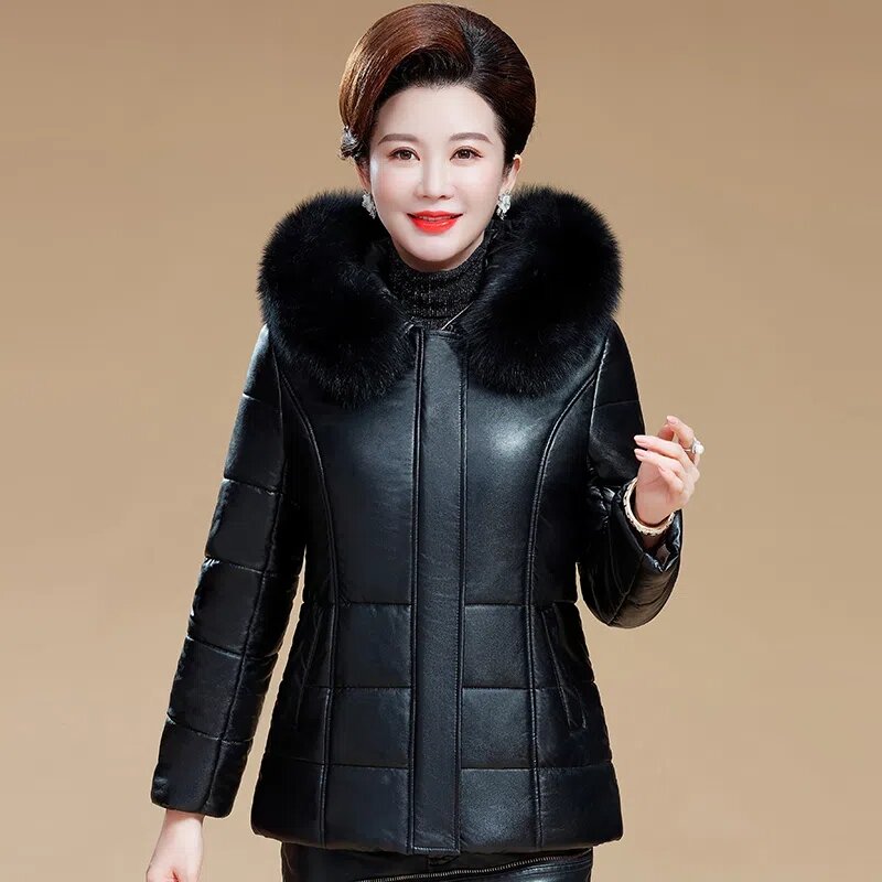 Middle AAAged Women's Leather Jacket Winter New Thicken Warm Leather Coat Short Hooded Female Parkas Fur CollarOuterwear Ladies