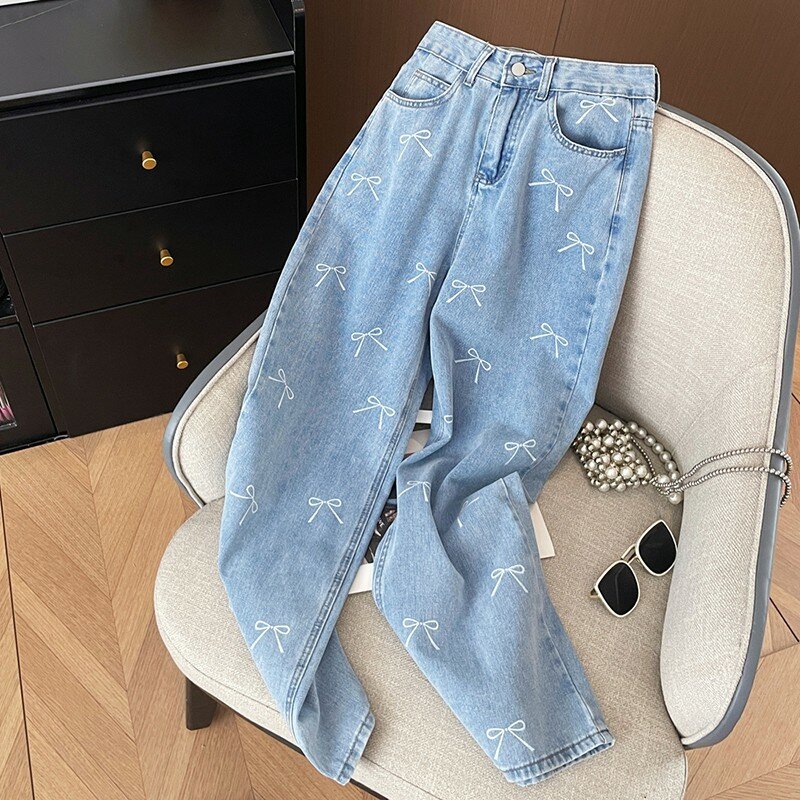 Женские хлопковые джинсы с завышенной талией, Свободные повседневные джинсы с широкими штанинами и бантом, модель P660 в Корейском стиле на весну и лето, 2024