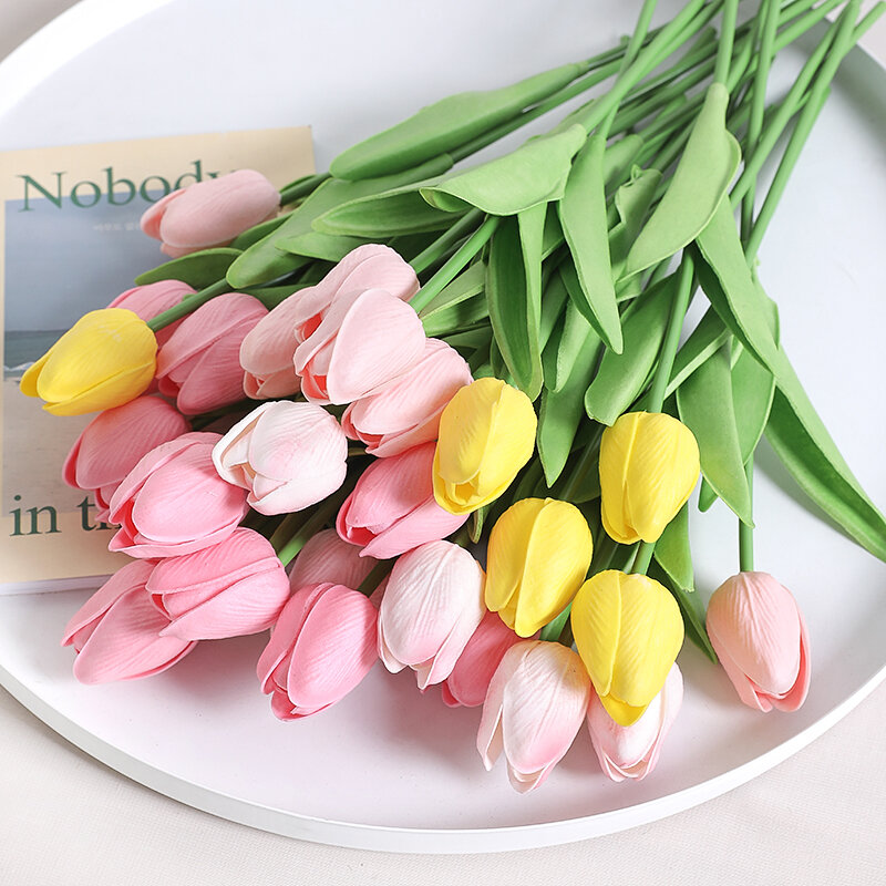 Ramos artificiales de tulipanes de 29 centímetros 10 / 5 espumas pe realmente tocan flores falsas ceremonia de decoración de bodas decoración de ramos de flores en el jardín de la habitación familiar