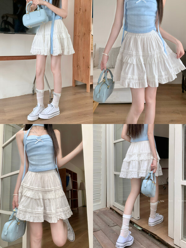 Женская юбка с деревянными ушками NIGGEEY, Белая Летняя юбка с эластичным поясом, пышная Короткая юбка для похудения принцессы