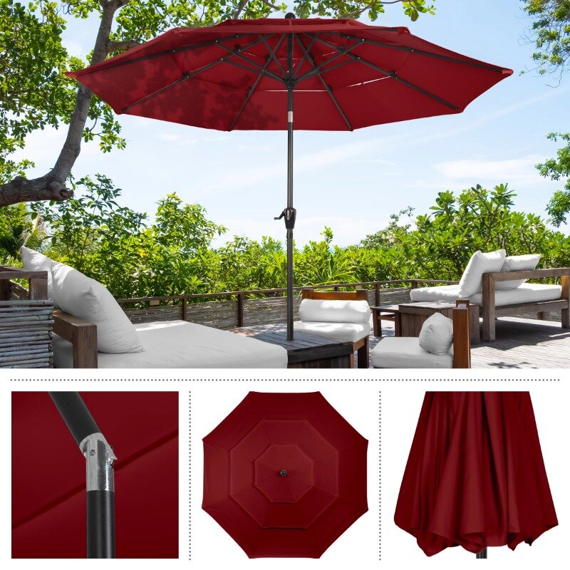 パティオ傘プッシュボタンと傾斜、3層サンシェード、簡単なクランク、屋外傘、庭、プール、10フィート