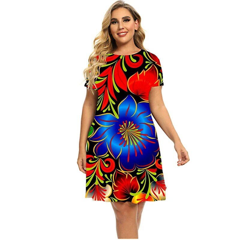 Gaun Cetak 3D Daya Bunga Musim Panas Baru untuk Wanita 2023 Gaun Longgar Lengan Pendek Paisley Pakaian Ukuran Plus Gaun Leher-o Mode