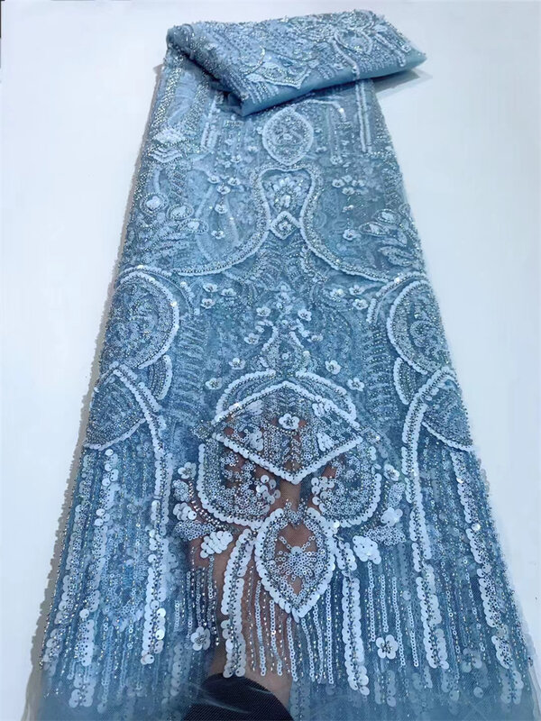 Encaje de malla azul de temperamento aristocrático real, cuentas hechas a mano, tela de tul con lentejuelas africanas, ropa Formal para mujer, 5 yardas, 2024