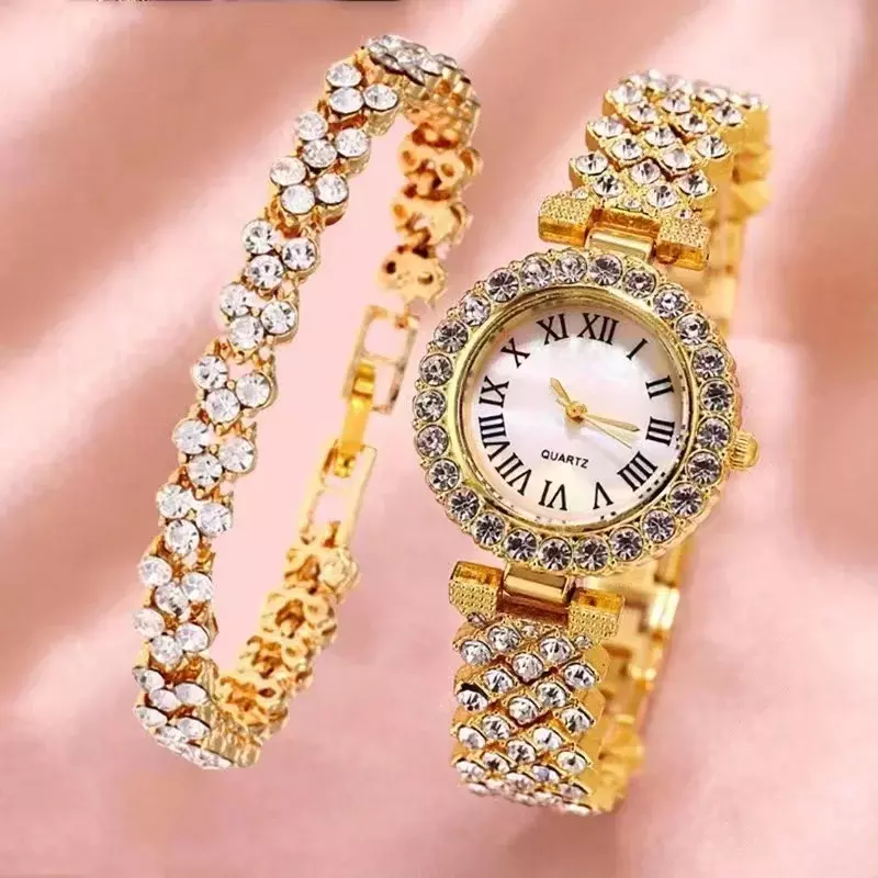 2/6pc Set oro rosa orologio di lusso da donna anello collana orecchino strass moda orologio da polso Casual da donna orologi da polso