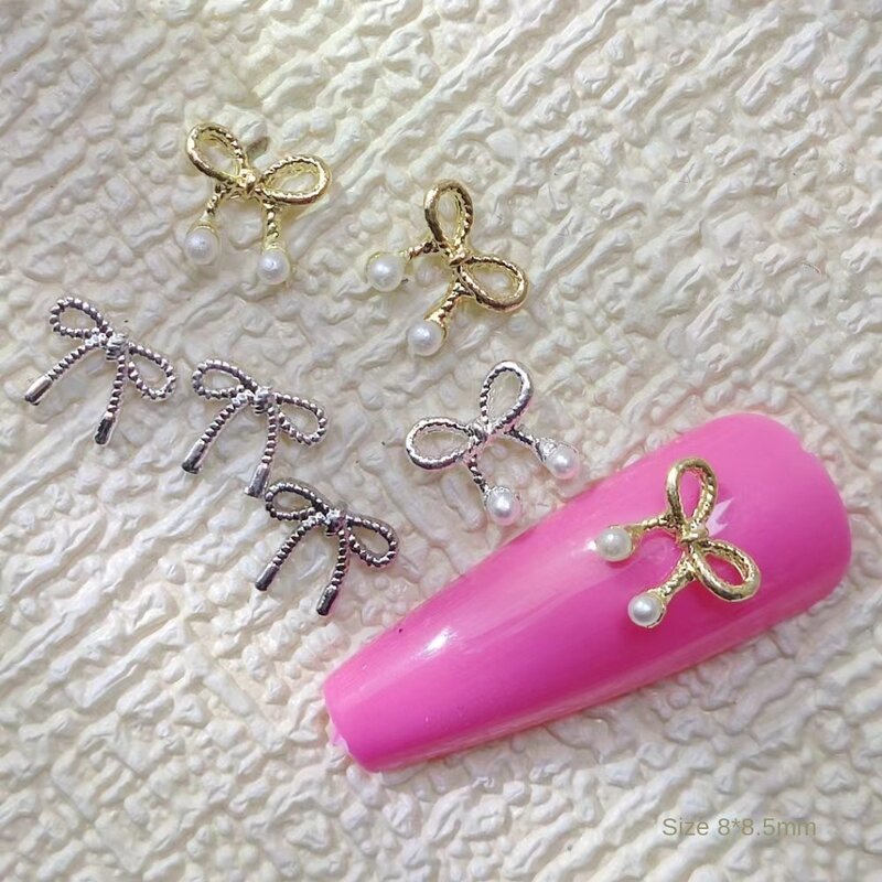Abalorio de Metal dorado y plateado para decoración de uñas, accesorio de manicura con forma de lazo, diamantes de imitación, perlas 3D, 10 piezas