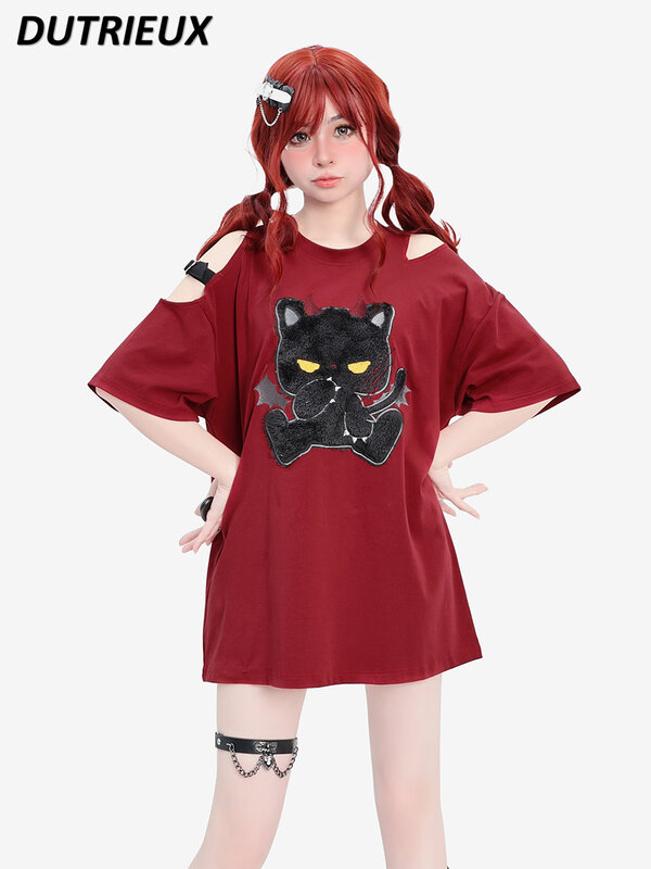 Red Flocking Loose Mid-Length T-shirt for Women Summer Off-Shoulder Sweet Cool Punk Style T Shirts Round Neck Short Sleeve Tops