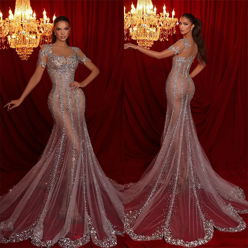 Sexy Mermaid Evening Dresses Crystal Bridal Gowns Sweetheart Neck Party Short Sleeves Long Special Occasion Dress Custom Made
