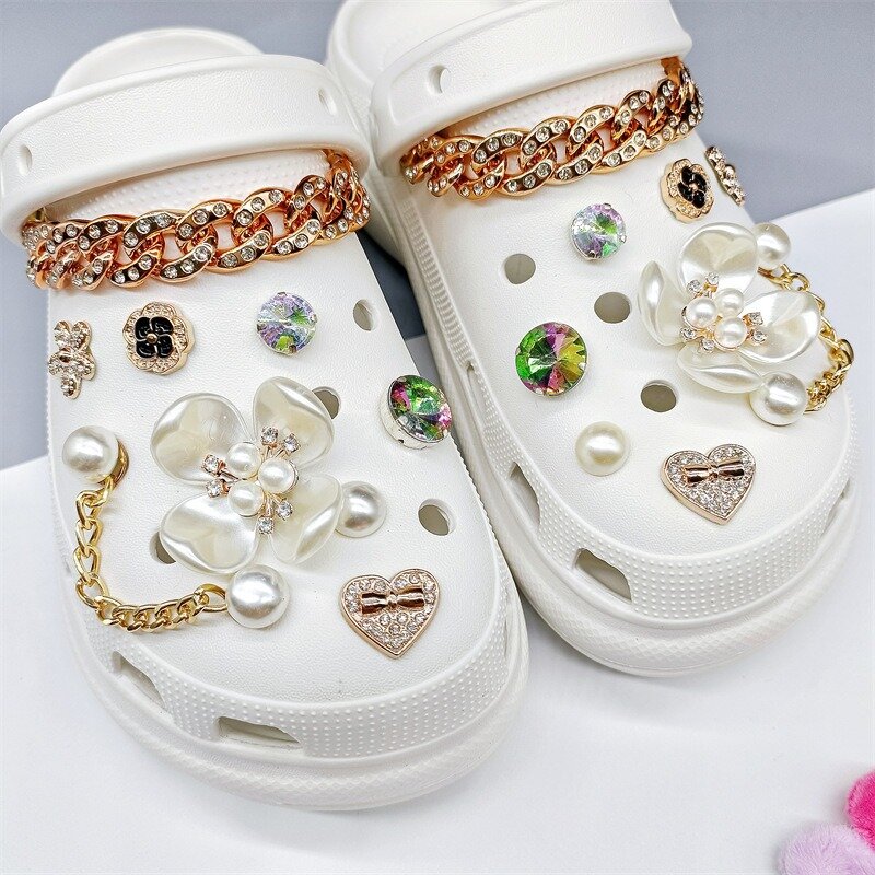 Croc, подвески для обуви, съемная металлическая искусственная жемчужная цепочка, набор сандалий, тапочек, аксессуары для девочек, персонализированное украшение, детские подарки