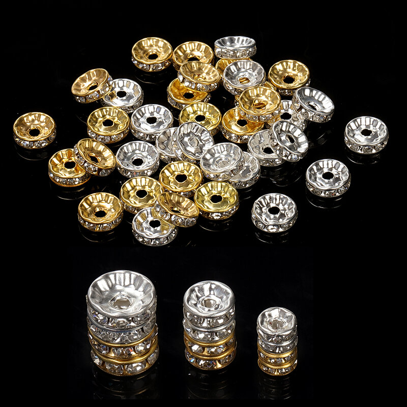 100pcs 4/6/8/10mm Gold Silver Rhinestone Rondelles Crystal Beads Round Loose Spacer Beads For Jewelry Making DIY Accessories