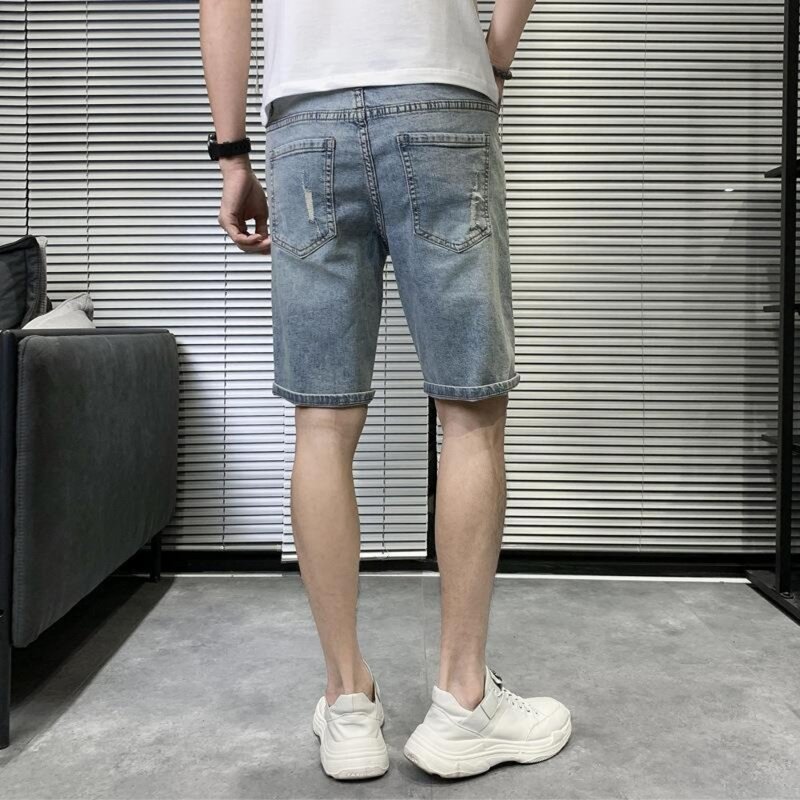 Short en jean cinq pièces pour hommes, décontracté, taille élastique, trou, mode coréenne, jean court déchiré