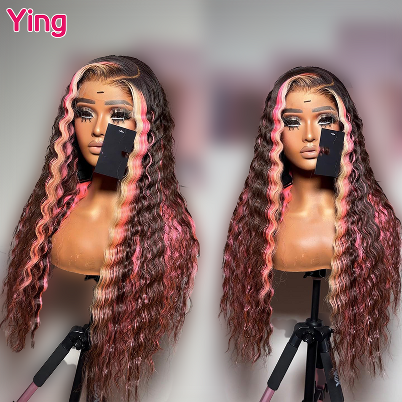 Ying Wig Neapolitan berwarna merah muda 13x6 renda depan gelombang dalam 5x5 Wig renda Remy 13x4 renda depan prepped dengan rambut bayi