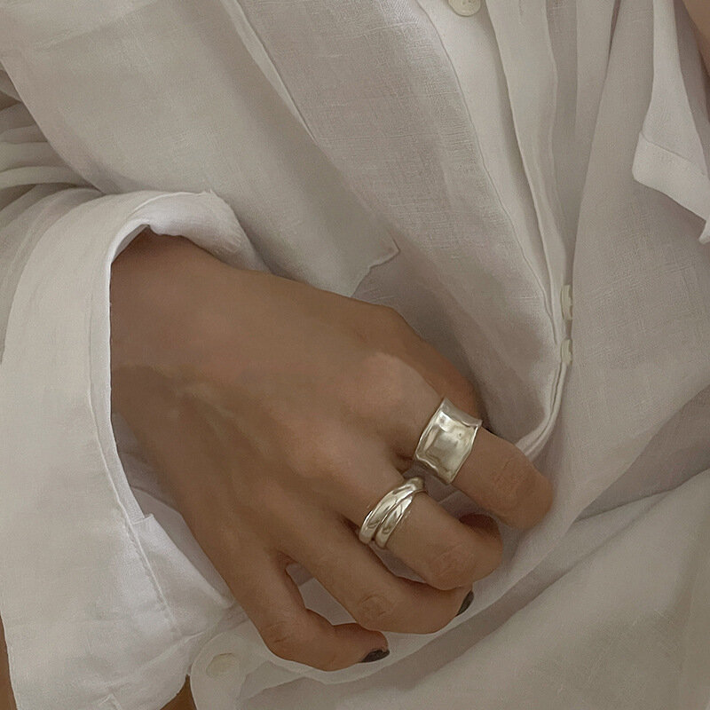 Cincin emas lebar perak Sterling 925 untuk wanita, cincin perhiasan pesta alergi terbuka buatan tangan Smiple mode geometris
