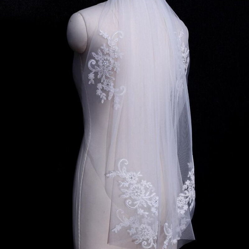 Classic Lace Flower Rhinestone Elbow Bridal Veil Soft Tulle White Wedding Veils