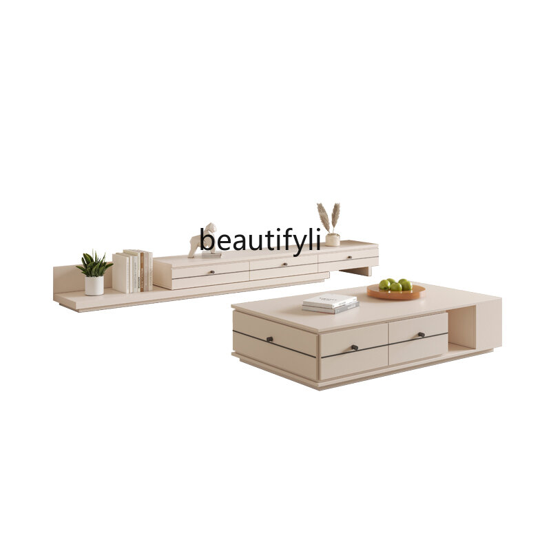 Cream Style Coffee Table TV Cabinet Modern Simple Integrated Background Wall Curio Cabinet Small Apartment Retractable