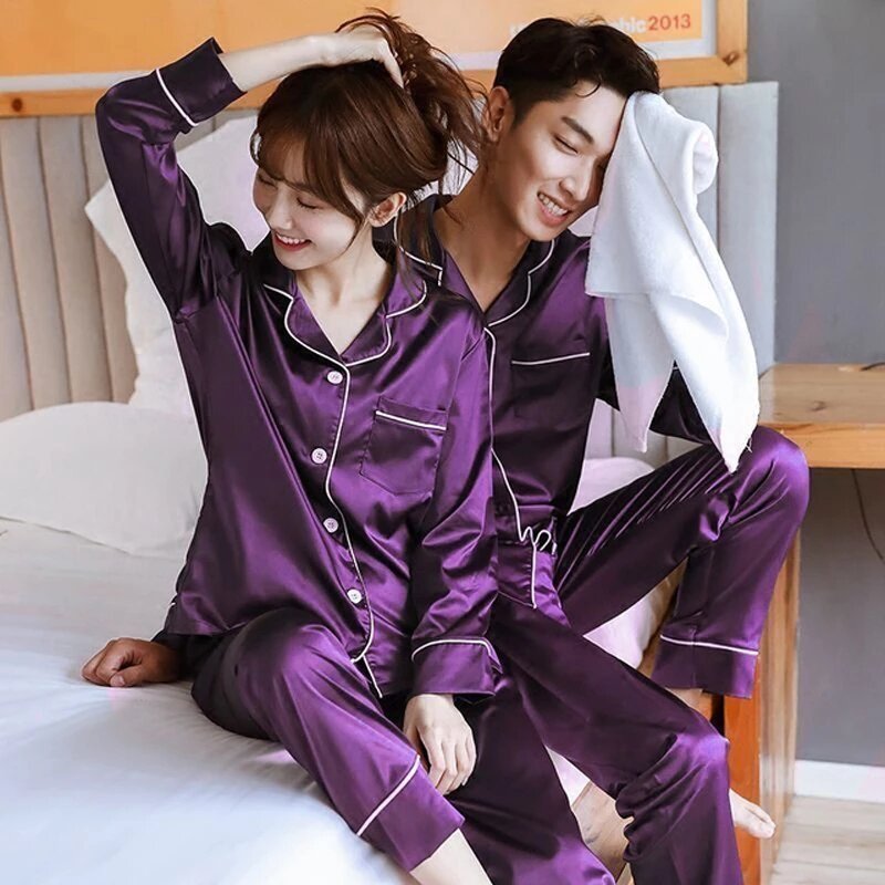 New Spring Big Size Pajamas Set for Couple Long-sleeved Pijama Two Piece Sleepwear Men Plus Size Loungewear Satin Home Clothes