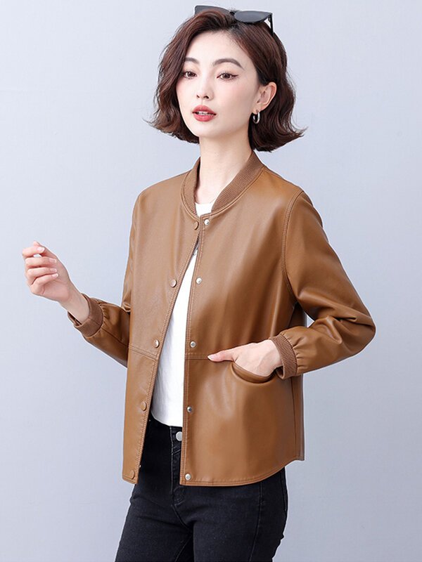 New Women Casual Leather Jacket Spring Autumn Fashion Patchwork Stand Collar Single Breasted Loose Short Coat Split Leather