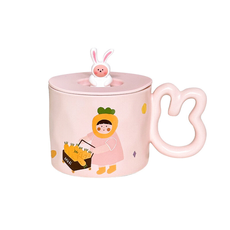 Tazza in ceramica da cartone animato da 300ml con coperchio e cucchiaio creativo carino caffè latte tè tazza da colazione bicchieri regali novità