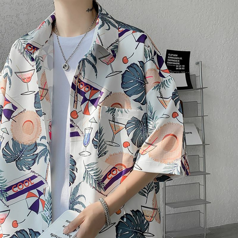 Elegant Fashion Harajuku Slim Fit Ropa Hombre Loose Casual All Match Outerwear Printed Button Square Neck Short Sleeve Blusa
