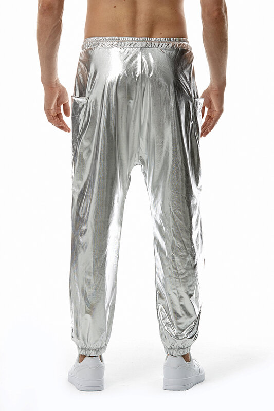 Calças Metal Glitter Pants Homens Elasticidade Tecido Discoteca Festa Dançarino Cantor Calças Masculino Boîte Prom Prom Pantalones Hombre