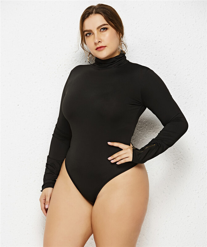Bodysuit de malha nervurada para mulheres, manga longa, plus size, 3 cores, clearance atacado