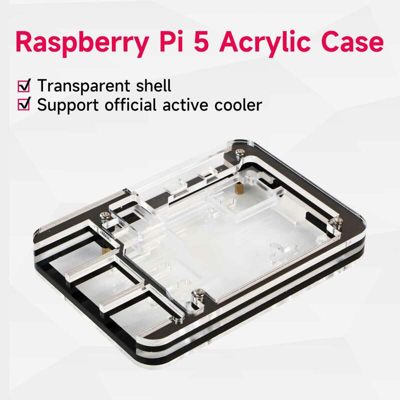 Raspberry Pi 5 Caso Acrílico, Transparente, 5 Camadas Design, Suporte de Instalação, Refrigerador Ativo Oficial