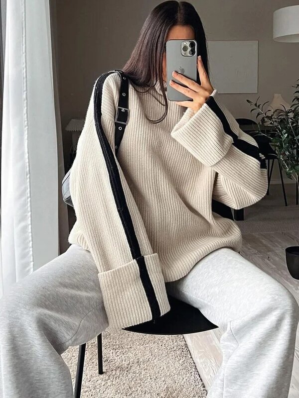 Sweter Turtleneck perca untuk wanita, pakaian rajut elegan Chic lengan panjang longgar pullover atasan rajut mode musim gugur 2023 untuk wanita
