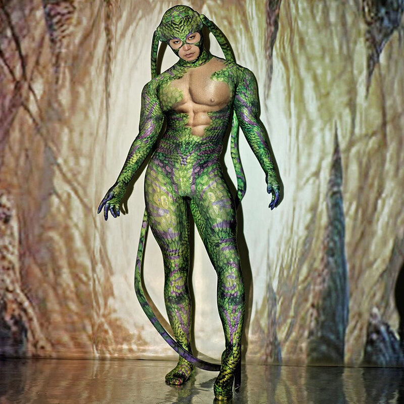 ฮาโลวีน Carnival Party Mutant สัตว์ผู้ใหญ่ชุดคอสเพลย์ผู้ชายสีเขียวเต็มรูปแบบ Jumpsuit ชาย Dancer Bodysuit Stage เสื้อผ้า