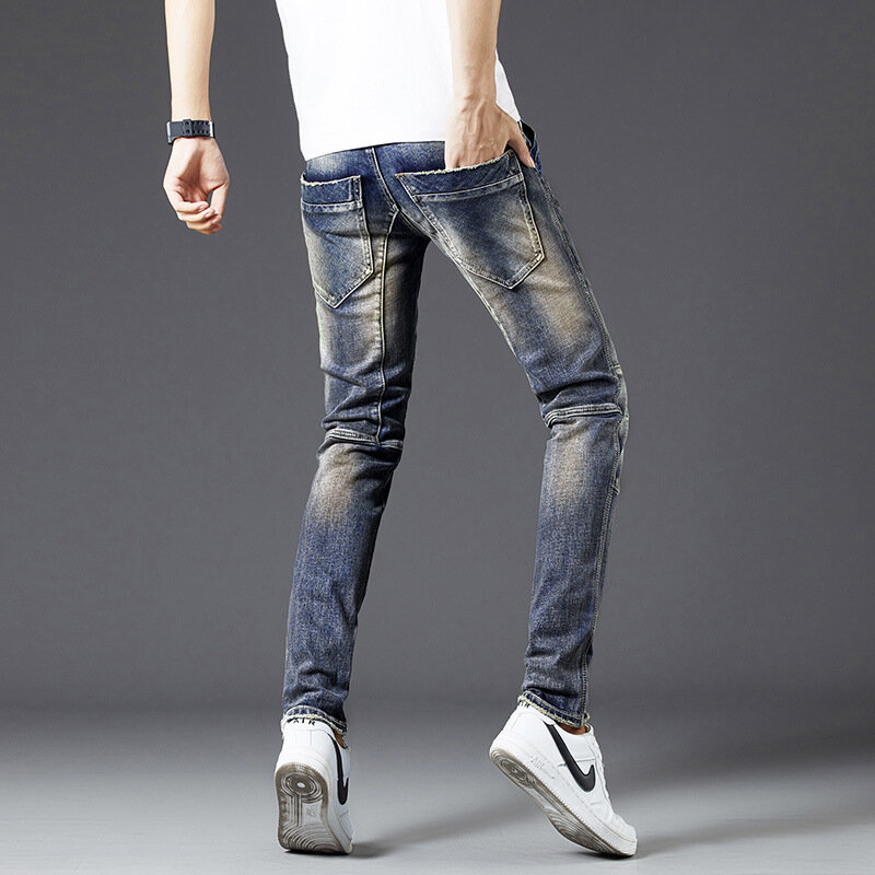 Высококлассные мужские винтажные джинсы, уличные брендовые облегающие брюки на молнии в стиле пэчворк, Стрейчевые длинные мотоциклетные ретро брюки