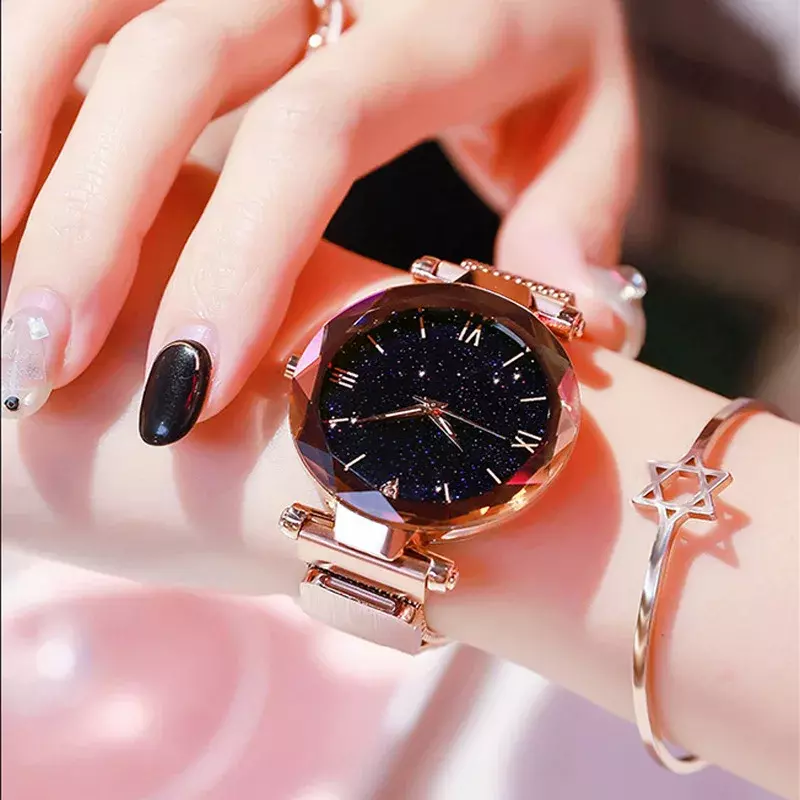 Frauen Mode Sternen himmel Uhren Magnet Schnalle Mesh Gürtel Diamant Quarz Uhr Frauen Kleid Uhr Armbanduhren reloj para mujer